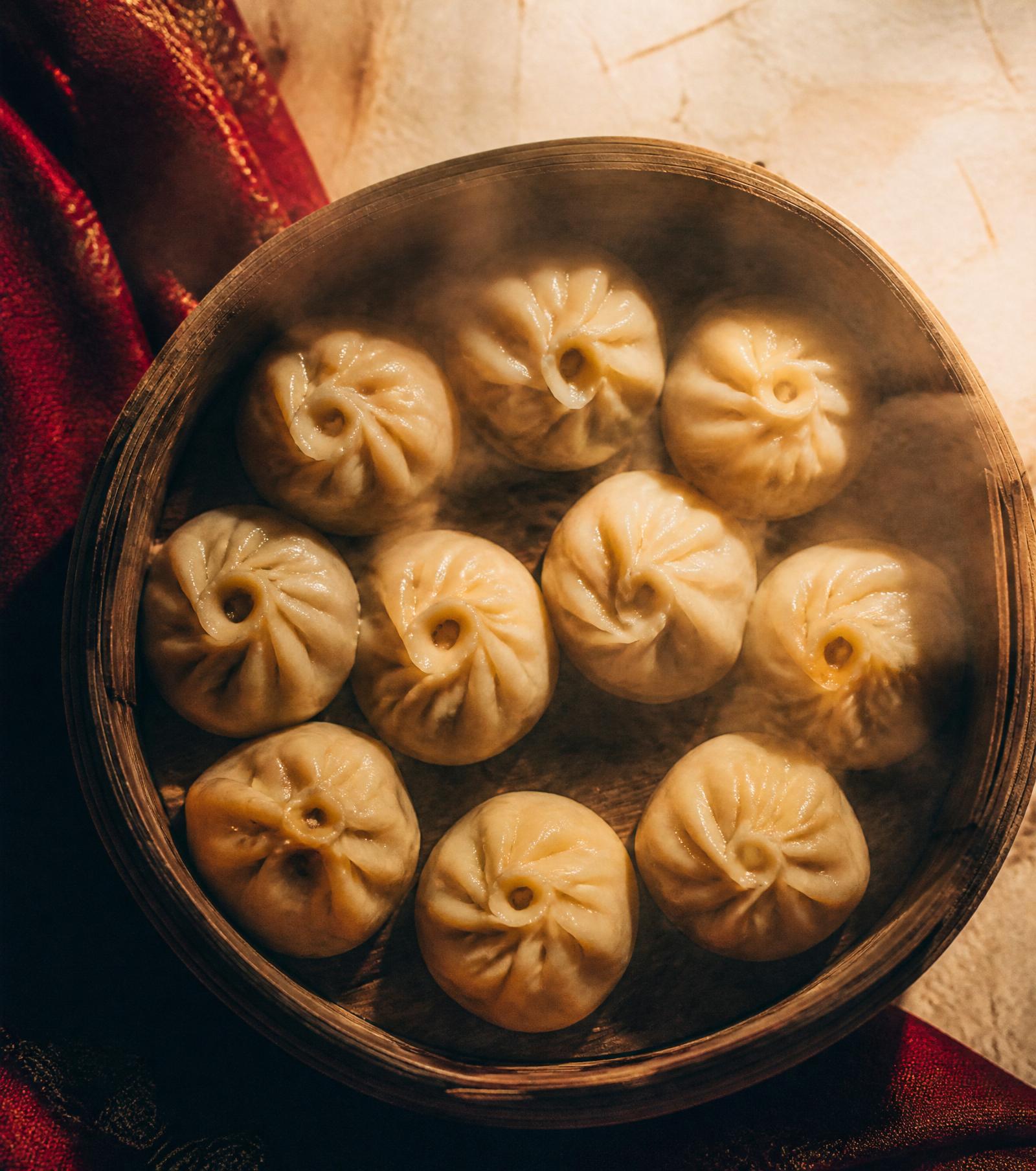 Frisch gedämpfte Momos in einem Bambusdämpfer